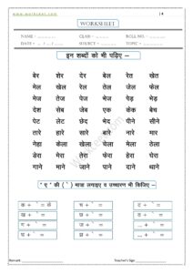 Ae ki matra ke Shabd, Vakya, Worksheet PDF 1