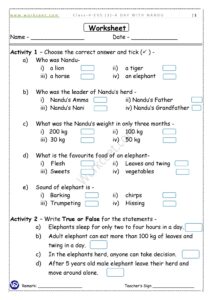 Worksheet - Class 4th - EVS- A Day With Nandu -Download PDF NCERT WORKCEET 2