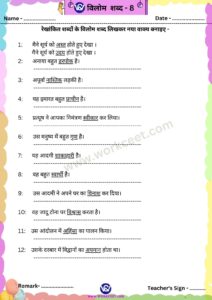 Vilom Shabd Worksheet PDF for Download in Hindi workceet.com