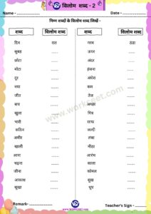 Vilom Shabd Worksheet PDF for Download in Hindi workceet.com
