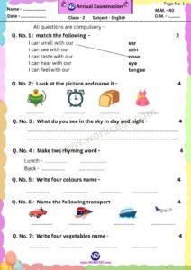 Annual Examination Paper for NCERT syllabus Download PDF class 1st and 2nd Hindi, English, Math