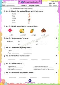 Annual Examination Paper for NCERT syllabus Download PDF class 1st and 2nd Hindi, English, Math