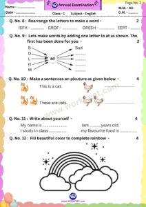 Annual Examination Paper for NCERT syllabus Download PDF class 1st and 2nd Hindi, English, Math